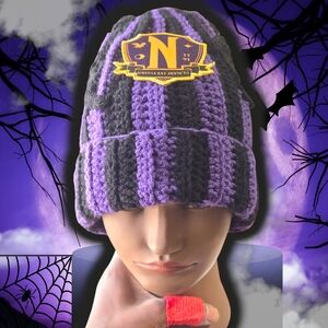 "Nevermore Academy/Wednesday" inspired Handmade Crochet Beanie w/Snake appliques